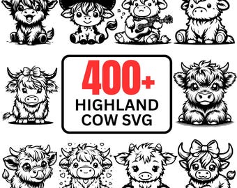 Paquete SVG de vaca bebé divertida de las Tierras Altas: más de 400 archivos SVG de vaca linda para Cricut Silhouette, uso comercial, archivo de corte de animales de granja