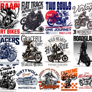 Motorcycle streetwear t-shirt design bundle with 500+ high-resolution PNG files. Includes biker skull graphics, racing typography, vintage chopper art, cafe racer illustrations, and urban streetwear style. Perfect for print-on-demand, t-shirt printing, hoodies, posters, and biker merchandise. Compatible with Printful, Printify, Teespring, and all major POD platforms. Bold, edgy, and commercial use ready, motocross