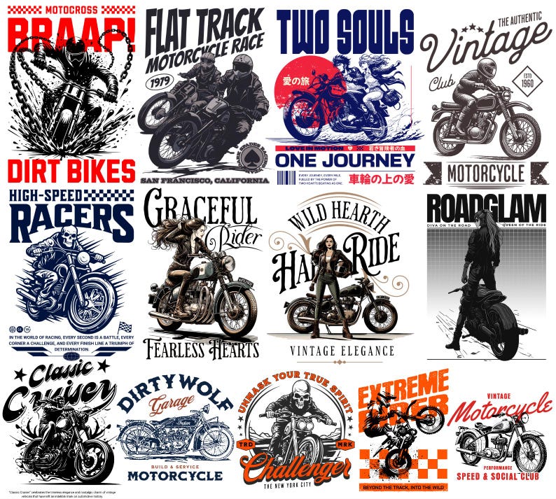 Motorcycle streetwear t-shirt design bundle with 500+ high-resolution PNG files. Includes biker skull graphics, racing typography, vintage chopper art, cafe racer illustrations, and urban streetwear style. Perfect for print-on-demand, t-shirt printing, hoodies, posters, and biker merchandise. Compatible with Printful, Printify, Teespring, and all major POD platforms. Bold, edgy, and commercial use ready, motocross