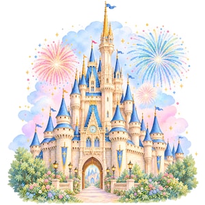 May include: A watercolor illustration of a large castle with tall blue conical roofs, gold spires, and stone walls. The scene features colorful fireworks in the sky, soft pink and blue clouds, and lush green bushes with flowers in the foreground.