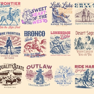 Könnte beinhalten: Eine Sammlung von Grafiken im Vintage-Stil zum Thema Western. Jedes Design zeigt Illustrationen von Cowboys, Cowgirls, Pferden und Wüstenlandschaften mit Texten wie "Frontier Threads", "Sweet Heart of the West" und "Ride Hard". Die Farbpalette umfasst Rot, Blau und Beige.