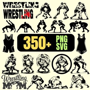 May include: A digital collection of black and white wrestling graphics featuring various athletes in grappling poses, wrestling singlets, and the text WRESTLING, 350+ PNG SVG, and Wrestling Mom. The designs include silhouettes and detailed illustrations.