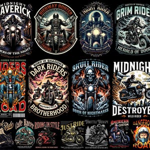 Motorcycle streetwear t-shirt design bundle with 500+ high-resolution PNG files. Includes biker skull graphics, racing typography, vintage chopper art, cafe racer illustrations, and urban streetwear style. Perfect for print-on-demand, t-shirt printing, hoodies, posters, and biker merchandise. Compatible with Printful, Printify, Teespring, and all major POD platforms. Bold, edgy, and commercial use ready, motocross