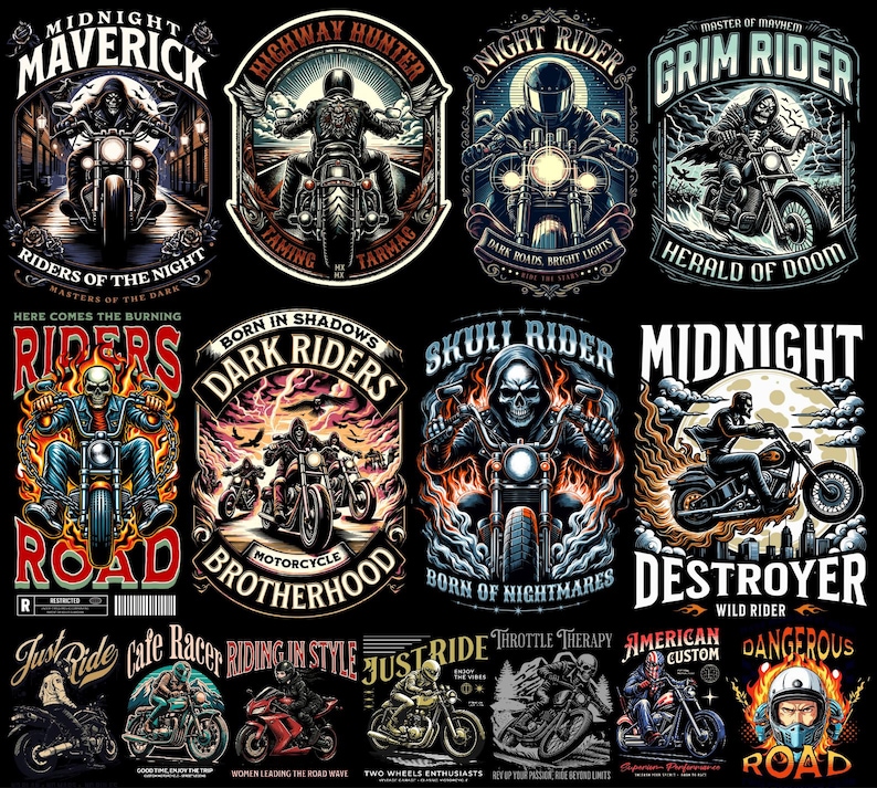 Motorcycle streetwear t-shirt design bundle with 500+ high-resolution PNG files. Includes biker skull graphics, racing typography, vintage chopper art, cafe racer illustrations, and urban streetwear style. Perfect for print-on-demand, t-shirt printing, hoodies, posters, and biker merchandise. Compatible with Printful, Printify, Teespring, and all major POD platforms. Bold, edgy, and commercial use ready, motocross