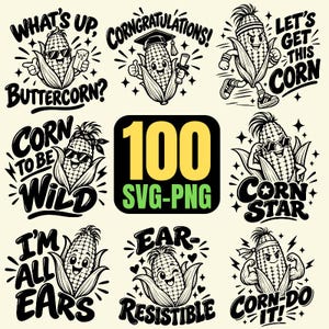 Può includere: Una collezione di illustrazioni grafiche in bianco e nero con personaggi di mais antropomorfi in varie pose ed espressioni, accompagnate da testi basati su giochi di parole come What's up buttercorn e Corngratulations.