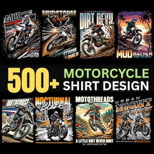 Motorcycle streetwear t-shirt design bundle with 500+ high-resolution PNG files. Includes biker skull graphics, racing typography, vintage chopper art, cafe racer illustrations, and urban streetwear style. Perfect for print-on-demand, t-shirt printing, hoodies, posters, and biker merchandise. Compatible with Printful, Printify, Teespring, and all major POD platforms. Bold, edgy, and commercial use ready, motocross