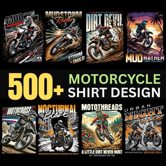 500+ Motorcycle T-Shirt Designs | Streetwear PNG Bundle for Bikers | Print-on-Demand Shirt Graphics