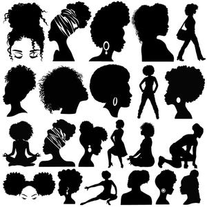 May include: A collection of black silhouette images of women with various hairstyles and poses. The images include profiles, full body figures, and close-ups of faces, showcasing diverse styles like afros, buns, and head wraps. Some figures wear earrings.
