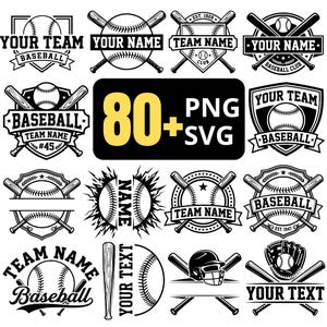 May include: A collection of black and white baseball-themed graphic designs featuring baseballs, bats, helmets, and gloves. The central text reads 80+ PNG SVG. Various emblems include banners with placeholders for team names and baseball text.