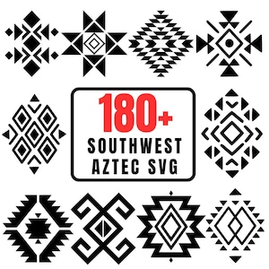 May include: A collection of black and white Southwest Aztec SVG designs. The image includes various geometric patterns and the text "180+ SOUTHWEST AZTEC SVG" in a red and black rectangular box. The designs are suitable for digital art and crafting projects.