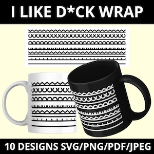 Puede incluir: Una taza de cerámica blanca y una taza de cerámica negra, ambas con un patrón geométrico repetitivo en blanco y negro de líneas horizontales, triángulos y semicírculos. El texto I LIKE D*CK WRAP aparece en la parte superior e inferior.