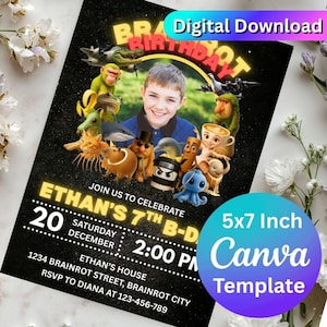 Op de afbeelding: Een digitaal downloadbare verjaardagsuitnodigingssjabloon met een foto van een lachende jongen omringd door cartoonfiguren. De uitnodiging is voor Ethans 7e verjaardag, met de datum, tijd en locatie. Het ontwerp bevat de tekst "Digitale download" en "Canva-sjabloon".