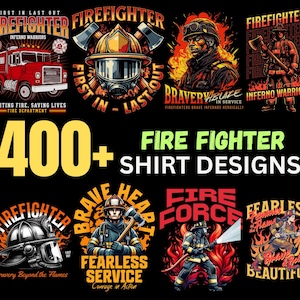 Op de afbeelding: Een verzameling T-shirtontwerpen voor brandweerlieden met verschillende afbeeldingen. De ontwerpen bevatten illustraties van brandweerwagens, helmen, brandweerlieden en de tekst "Fire Fighter Shirt Designs". De afbeelding heeft een zwarte achtergrond.