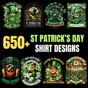 Puede incluir: Una imagen promocional para diseños de camisetas del Día de San Patricio. La imagen presenta varias ilustraciones de duendes, cerveza y símbolos irlandeses, con el texto "650+ St Patrick's Day Shirt Designs". Los diseños son en verde, dorado y negro.