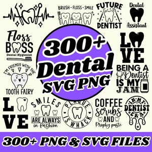 Puede incluir: Una colección de diseños gráficos dentales en blanco y negro con dientes, cepillos de dientes y texto como 300+ Dental SVG PNG, Floss Boss, Future Dentist, Tooth Fairy e In My Dentist Era, dispuestos alrededor de un círculo morado central.