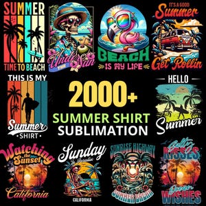 Paquete de más de 2000 diseños de camisetas de verano en formato PNG / Ambiente playero, gráficos tropicales para sublimación, imágenes prediseñadas de camisetas de vacaciones en HD