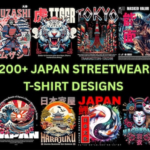Könnte beinhalten: Eine Sammlung japanischer Streetwear-T-Shirt-Designs. Die Designs zeigen Illustrationen eines Samurai, eines Tigers, Stadtlandschaften von Tokio und maskierten Figuren. Der Text enthält "MUZASHI", "TIGER", "TOKYO", "MASKED VALOR", "200+ JAPAN STREETWEAR" und "T-SHIRT DESIGNS".