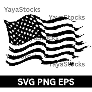 Könnte beinhalten: Schwarz-weiße Illustration einer wehenden amerikanischen Flagge mit Sternen und Streifen. Die Flagge hat ein abgenutztes Aussehen mit zerfetzten Kanten. Der Text "SVG PNG EPS" ist unten abgebildet.