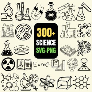 Peut inclure: Une collection d'icônes sur le thème de la science en noir et blanc, incluant des microscopes, béchers, fioles, aimants, atomes et brins d'ADN. Un rectangle noir central affiche le texte jaune et blanc 300+ SCIENCE SVG-PNG.