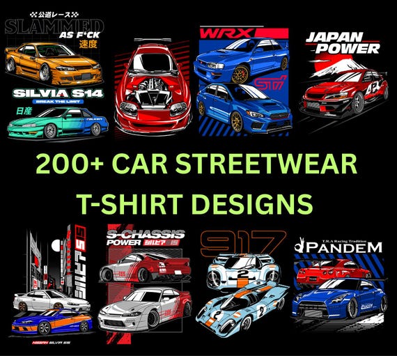 200+ Automotive Car T-Shirt Designs | PNG Bundle for POD | Muscle Cars, JDM, Supercars, Racing | Streetwear Graphics