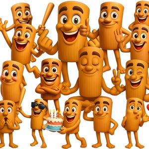 May include: A collection of cartoon characters shaped like pasta tubes, each with expressive faces and limbs. Some characters hold a baseball bat, a cake, and a heart. The characters are various shades of brown and tan.