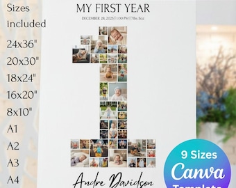 Puede incluir: Impresión en lienzo blanco con un collage de fotos de bebé formando el número uno. El texto "MY FIRST YEAR" y el nombre del bebé están visibles. Incluye tamaños: 61x91cm, 51x76cm, 46x61cm, 41x51cm, 20x25cm, A1, A2, A3 y A4. Descarga digital.