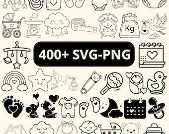Pacchetto di oltre 400 file SVG e PNG per la nascita del bambino, dati del neonato in formato SVG, impronte dei piedi del bambino, annuncio di nascita, compatibile con Cricut, Silhouette e Glowforge.