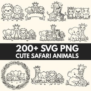 Pakiet Safari Animals SVG PNG, ponad 200 plików, urocze zwierzęta dżungli SVG, mały lew, słoń, żyrafa, małpa, sylwetka Cricut