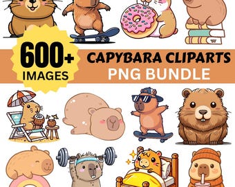May include: A collection of cartoon capybara clip art images. The images include capybaras skateboarding, eating donuts, lifting weights, and relaxing. The text "600+ IMAGES" and "CAPYBARA CLIPARTS PNG BUNDLE" are also present.