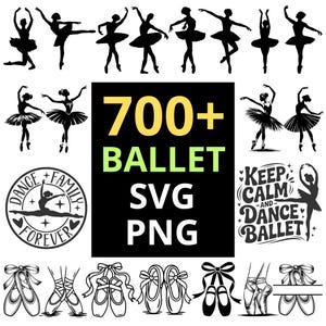 Puede incluir: Una colección de gráficos con temática de ballet en blanco y negro. La imagen incluye siluetas de bailarinas en varias poses, zapatillas de ballet y el texto "700+ Ballet SVG PNG" y "Keep Calm and Dance Ballet."