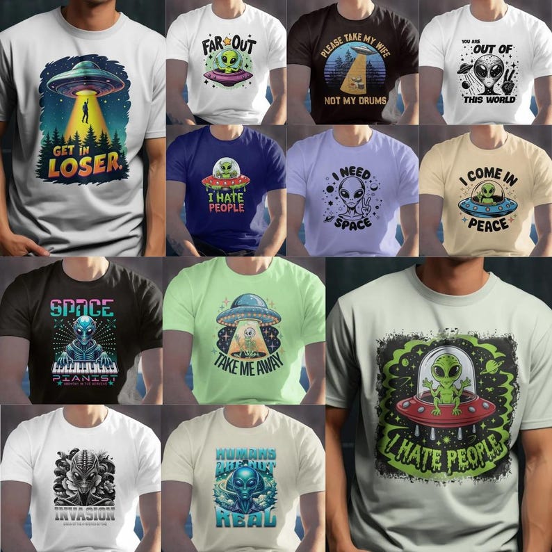 alien png, alien t-shirt design, ufo clipart, extraterrestrial art, sci-fi png bundle, space creature design, alien illustration, hd png files, sublimation alien, printable alien art, ufo tshirt graphics, sci-fi clipart set, etsy alien designs