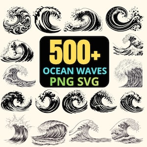 Puede incluir: Una colección de ilustraciones en blanco y negro con varios diseños de olas oceánicas. Un letrero rectangular negro central muestra el texto amarillo 500+ y el texto verde azulado OCEAN WAVES PNG SVG, exhibiendo una variedad de patrones de agua.