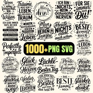 Op de afbeelding: Een verzameling zwarte typografische ontwerpen op een lichte achtergrond met diverse Duitse zinnen, waaronder 'Träume nicht dein Leben, lebe deinen Traum' en 'Perfectly imperfect', met een centrale zwarte banner met '1000+ PNG SVG'.