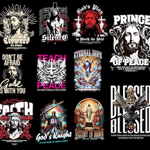 Könnte beinhalten: Eine Sammlung von Grafikdesigns mit religiösen Themen. Die Designs umfassen Illustrationen von Jesus, Kreuzen, Tauben und inspirierenden Texten wie "Friedensfürst", "Ewige Hoffnung" und "Gottes Ritter". Die Farbpalette umfasst Schwarz, Weiß, Rot und Blau.