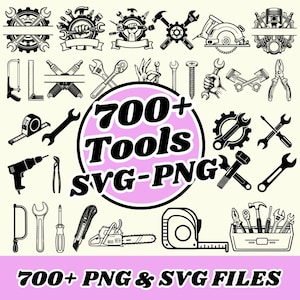 May include: A collection of black and white digital illustrations featuring various construction and mechanical tools, including wrenches, saws, hammers, and measuring tapes, with the text 700+ Tools SVG-PNG displayed in a central pink circle.
