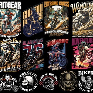 Motorcycle streetwear t-shirt design bundle with 500+ high-resolution PNG files. Includes biker skull graphics, racing typography, vintage chopper art, cafe racer illustrations, and urban streetwear style. Perfect for print-on-demand, t-shirt printing, hoodies, posters, and biker merchandise. Compatible with Printful, Printify, Teespring, and all major POD platforms. Bold, edgy, and commercial use ready, motocross