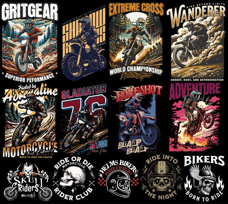 Motorcycle streetwear t-shirt design bundle with 500+ high-resolution PNG files. Includes biker skull graphics, racing typography, vintage chopper art, cafe racer illustrations, and urban streetwear style. Perfect for print-on-demand, t-shirt printing, hoodies, posters, and biker merchandise. Compatible with Printful, Printify, Teespring, and all major POD platforms. Bold, edgy, and commercial use ready, motocross