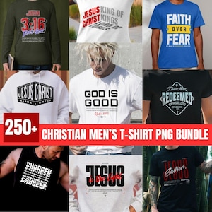 Puede incluir: Una colección de camisetas y sudaderas con capucha de temática cristiana con varios diseños y textos. Las camisetas presentan frases como «Fe sobre el miedo», «Dios es bueno» y versículos bíblicos. La imagen también incluye el texto «250+ CHRISTIAN MEN'S T-SHIRT PNG BUNDLE».