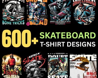 Paquete de más de 600 diseños de camisetas de skate en formato PNG • Imágenes prediseñadas de skaters • Gráficos de ropa urbana • Arte de skate en PNG para impresión y sublimación