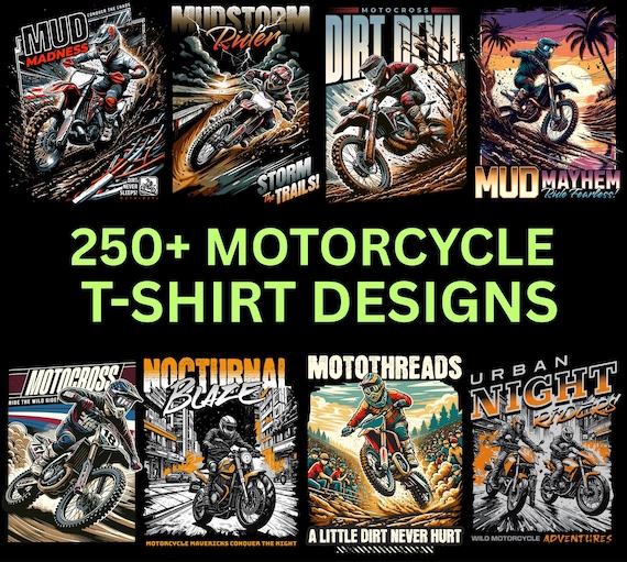 250+ Motorcycle T-Shirt Designs | Streetwear PNG Bundle for Bikers | Print-on-Demand Shirt Graphics