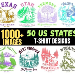 May include: A collection of t-shirt designs featuring state emblems. The designs include illustrations of a longhorn, mountains, a tree, a woman, an eagle, a bear, cows, and a horse. Text reads "1000+ IMAGES 50 US STATES T-SHIRT DESIGNS."