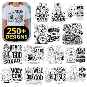 May include: A collection of black and white graphic designs featuring religious themes, including cartoon animals like a lamb, raccoon, zebra, bee, lion, unicorn, monster, owl, koala, and whale, alongside text such as Follow the Good Shepherd and 250+ Designs.