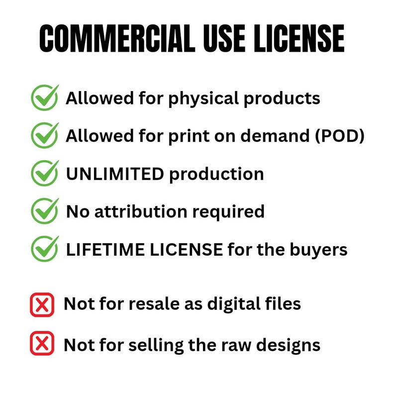 May include: A white background displays the text "COMMERCIAL USE LICENSE" in bold black letters. Green checkmarks indicate allowed uses, while red X's denote restrictions. The license covers physical products, print on demand, and unlimited production.
