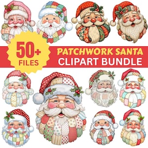 May include: A collection of colorful Santa Claus illustrations with patchwork designs. Each Santa features a unique hat and beard, with holly accents. The image includes the text "50+ FILES" and "PATCHWORK SANTA CLIPART BUNDLE".