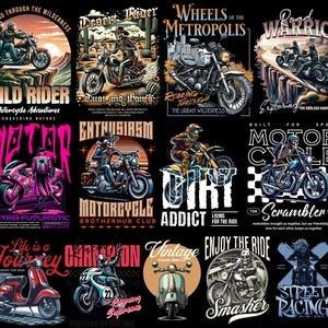 Motorcycle streetwear t-shirt design bundle with 500+ high-resolution PNG files. Includes biker skull graphics, racing typography, vintage chopper art, cafe racer illustrations, and urban streetwear style. Perfect for print-on-demand, t-shirt printing, hoodies, posters, and biker merchandise. Compatible with Printful, Printify, Teespring, and all major POD platforms. Bold, edgy, and commercial use ready, motocross