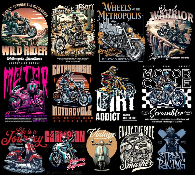 Motorcycle streetwear t-shirt design bundle with 500+ high-resolution PNG files. Includes biker skull graphics, racing typography, vintage chopper art, cafe racer illustrations, and urban streetwear style. Perfect for print-on-demand, t-shirt printing, hoodies, posters, and biker merchandise. Compatible with Printful, Printify, Teespring, and all major POD platforms. Bold, edgy, and commercial use ready, motocross