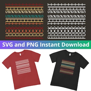 Peut inclure: Deux t-shirts, un rouge et un noir, avec des motifs graphiques blancs. L'image présente également divers motifs de bordures colorées et le texte "SVG and PNG Instant Download".
