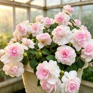 Può includere: Primo piano di un vaso pieno di fiori in fiore. I fiori sono un mix di bianco e rosa, con il rosa concentrato al centro di ogni fiore. Il vaso è di colore beige chiaro e lo sfondo è una serra.