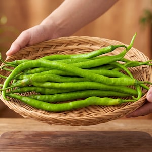 Può includere: Un cesto rotondo in vimini intrecciato riempito con un gruppo di peperoncini verdi lunghi, sottili e slanciati. I peperoncini hanno una buccia liscia e leggermente lucida con estremità affusolate, adagiati nel contenitore basso in fibra naturale.
