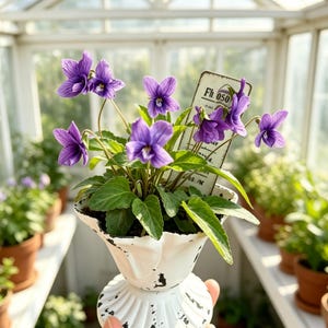 May include: A potted plant with vibrant purple violet flowers and green leaves in a white, distressed metal pedestal planter. A rectangular plant marker with the text Fh. 050 is tucked into the soil among the flowers, set against a bright greenhouse.